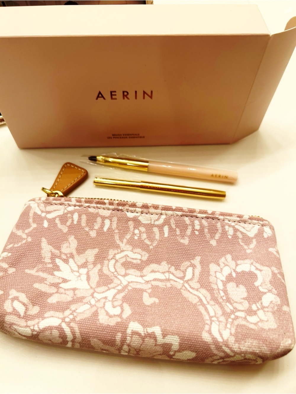 AERIN Pink Floral Zip Pouch with Lip Brush Set